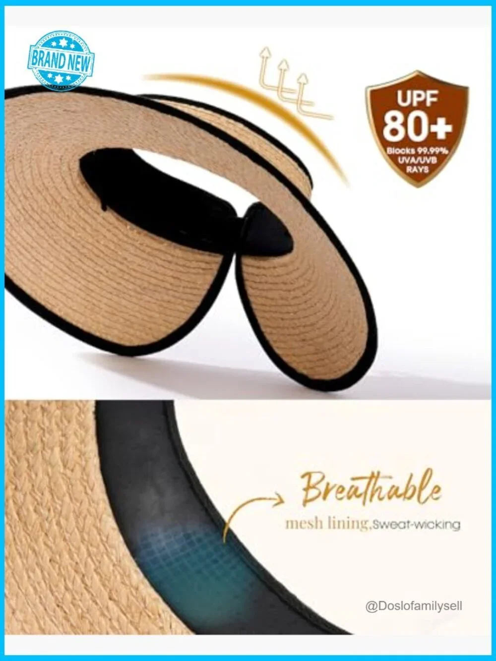 Wide Brim Raffia Straw Sun Hat Visor Ponytail Opening Foldable Packable UPF 50